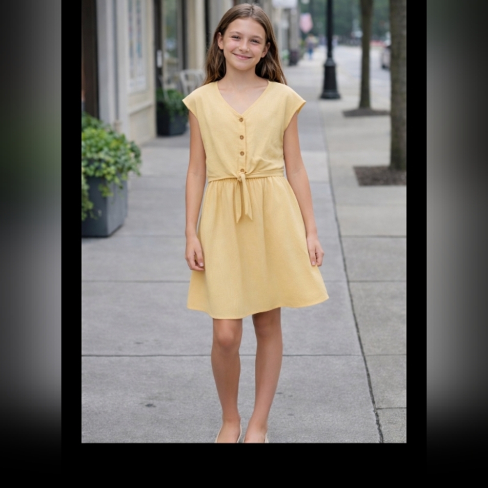 Zara 100% Linen Kids Dress Size 12 Girls Yellow Button Front Tie Waist